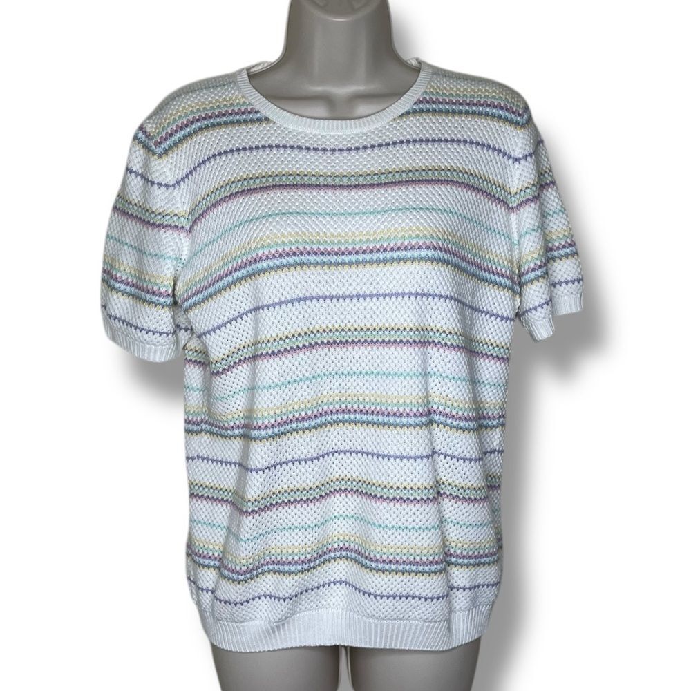 Vintage Alfred Dunner Pastel Stripe Sweater Round Neck Short Sleeve Women Medium